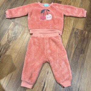 Pekkle Girls Pink Cherries 2-Piece Fleece Outfit (Size: 9 Months)